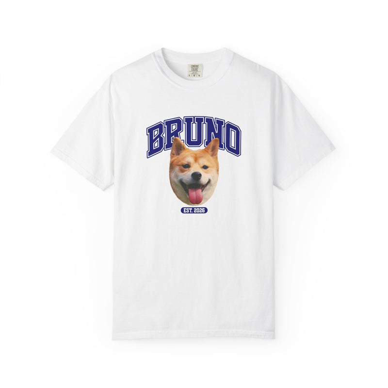 Custom varsity pet tee, white, blue lettering