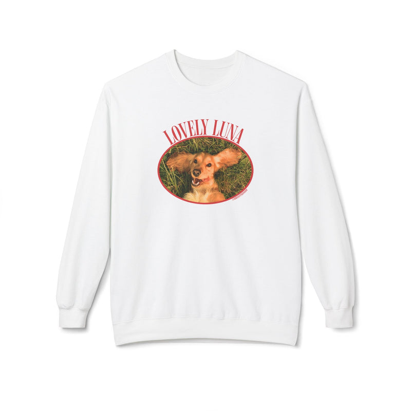 Custom pet portrait keepsake sweatshirt, white, red lettering