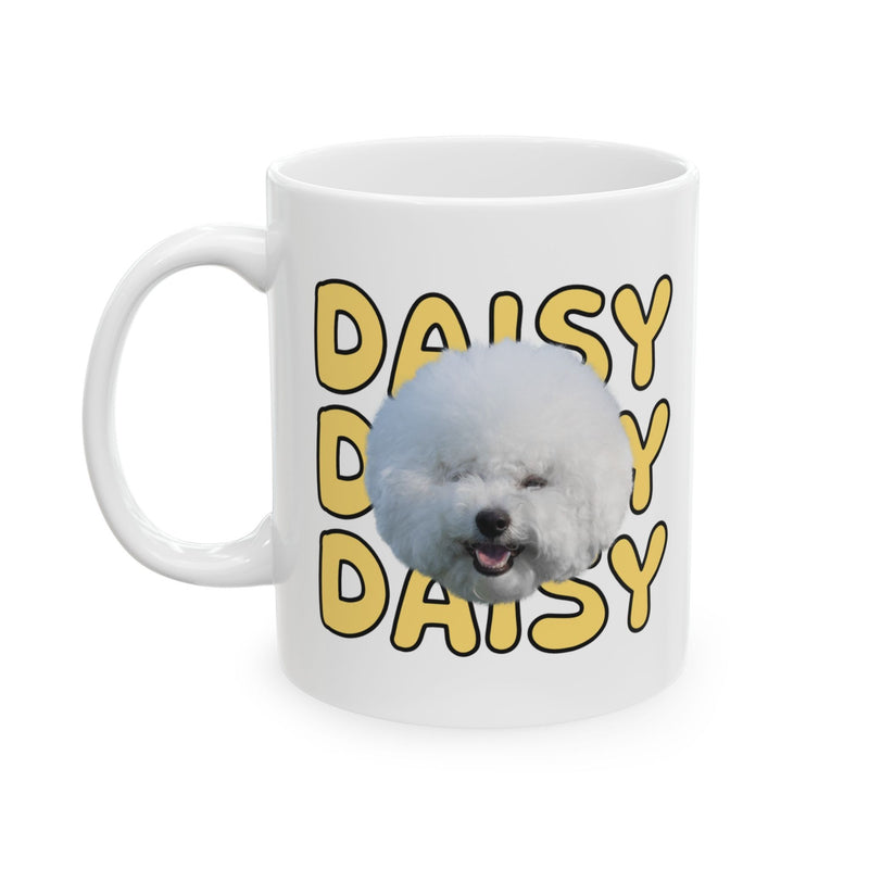 Custom pet name mug, white, sunflower yellow lettering