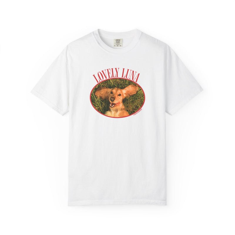 Custom pet portrait keepsake tee, white, red lettering