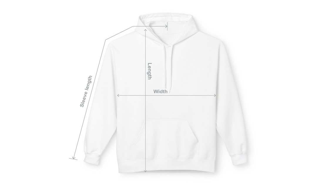 Diagram showing where width, length and sleeve length are measured on the garment