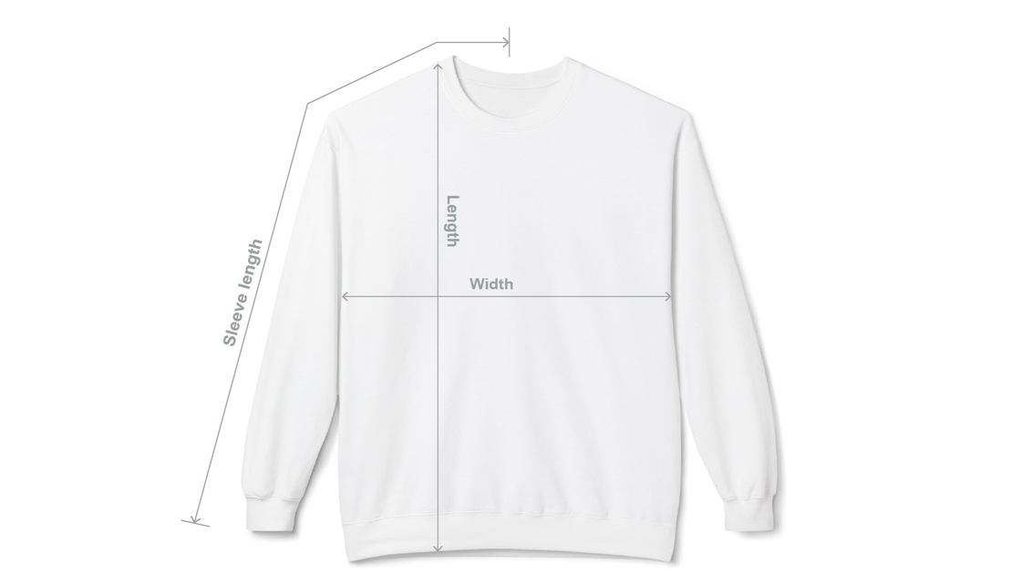 Diagram showing where width, length and sleeve length are measured on the garment