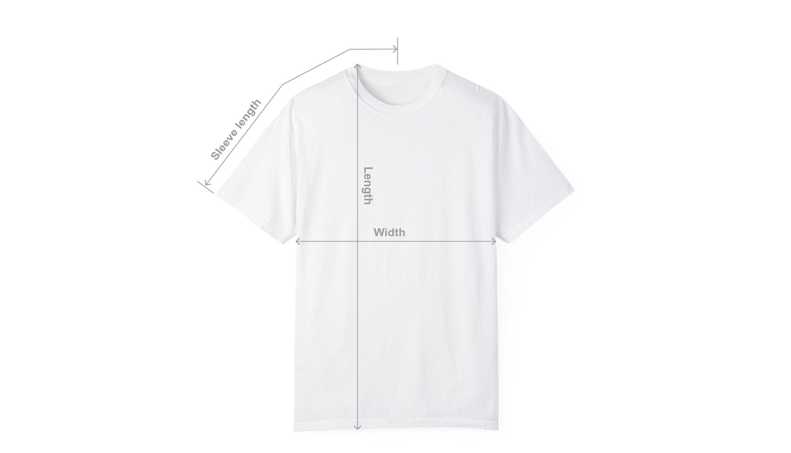 Diagram showing where width, length and sleeve length are measured on the garment