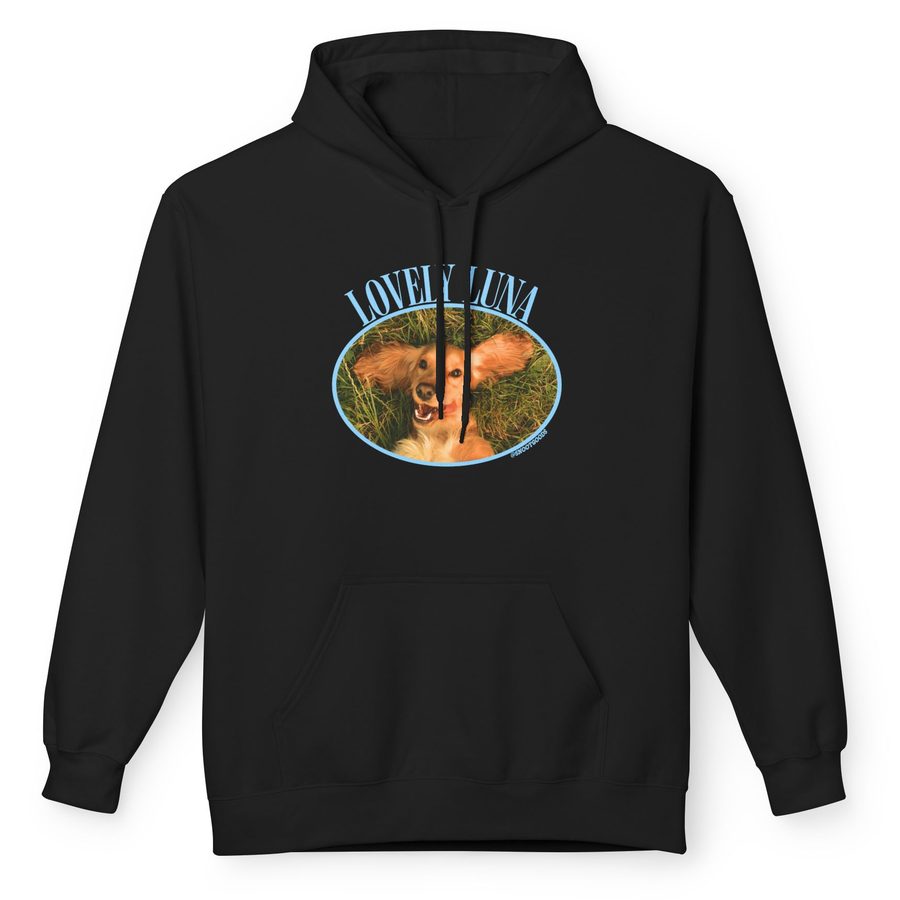 Keepsake design on a black hoodie with a sky-blue arc