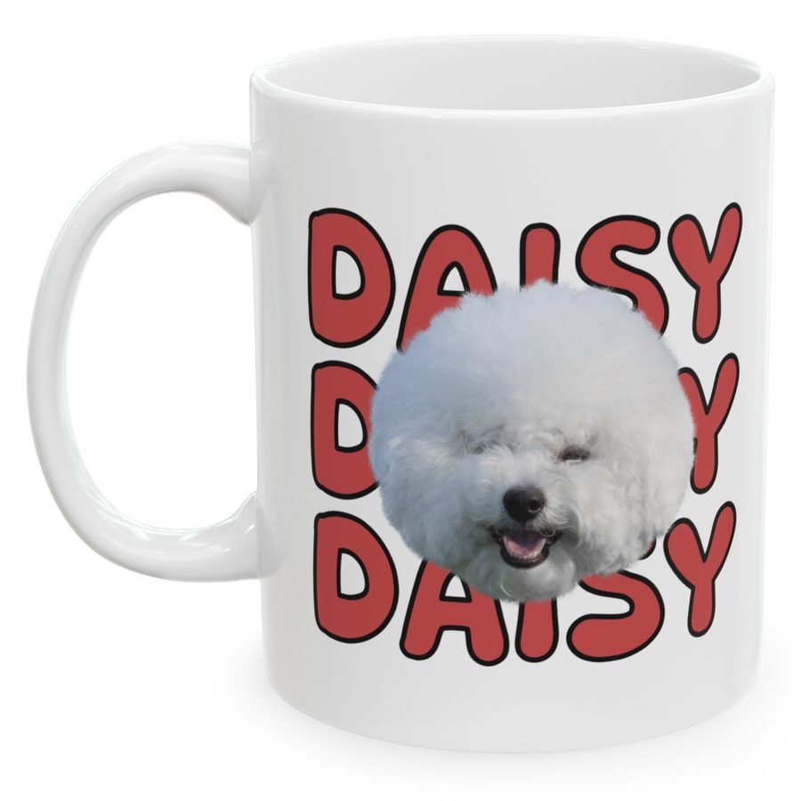 Flower Banner mug in rose with a custom pet portrait